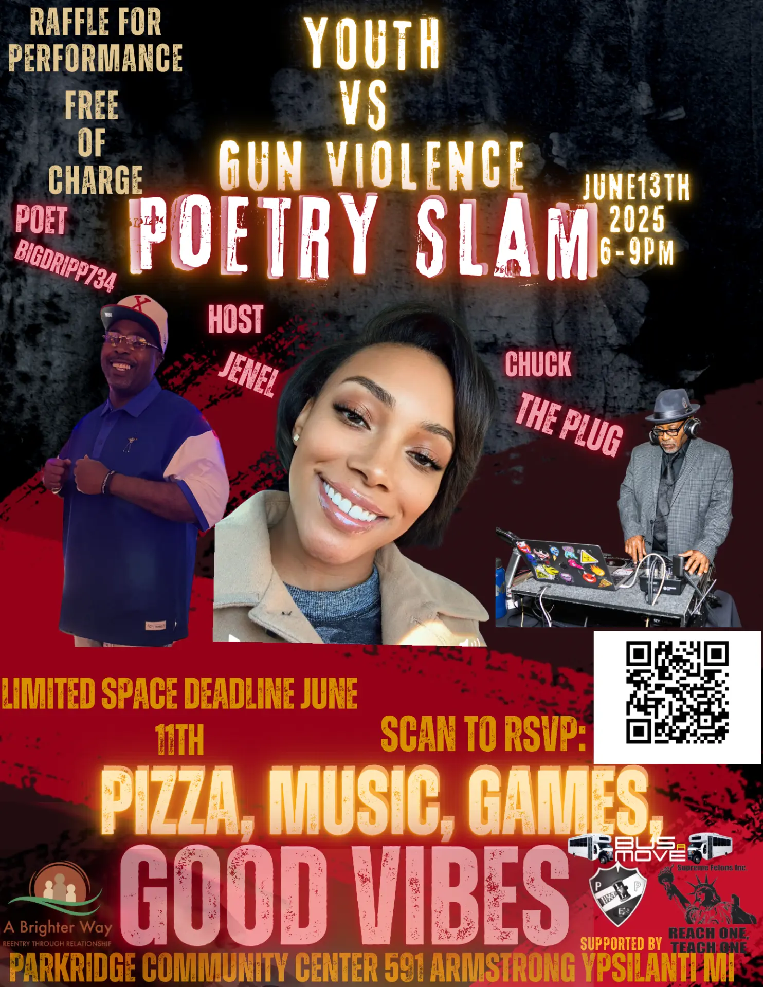 Youth vs Gun Violence Poetry Slam event flyer with hosts and DJ